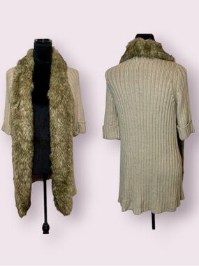 Kenar Penny Lane Style Short Sleeve Ribbed Cardigan Sweater Tan Small Vintage